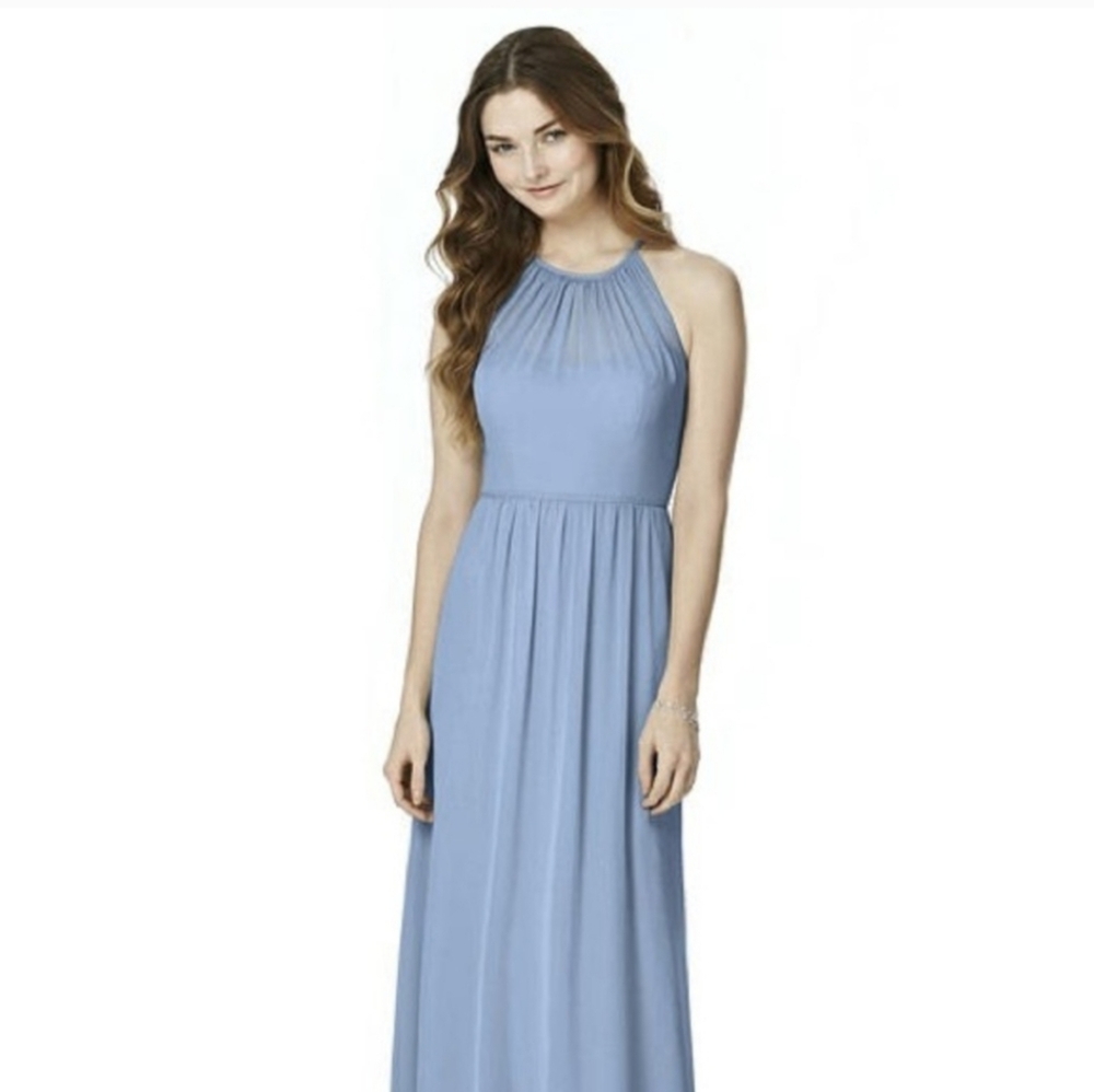 Bella Bridesmaids Elegant Blue Halter Top High Neckline Dress Size Small